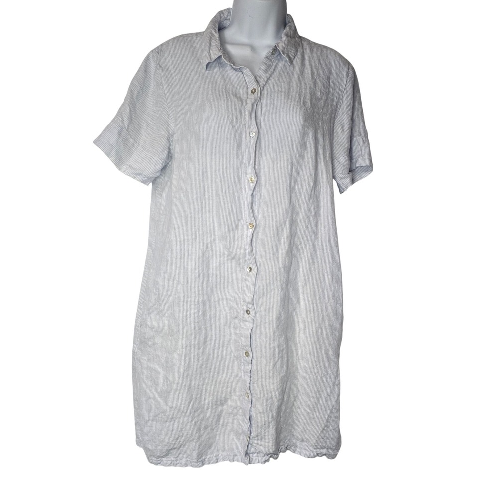Tahari Striped Shirt Dress Womens M Blue White 100% Linen Coastal Summer Pockets